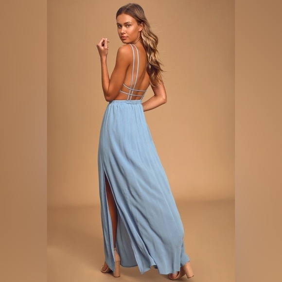 LULU’S Lost in Paradise Slate Blue Maxi Dress Size Medium NWT - Picture 2 of 13